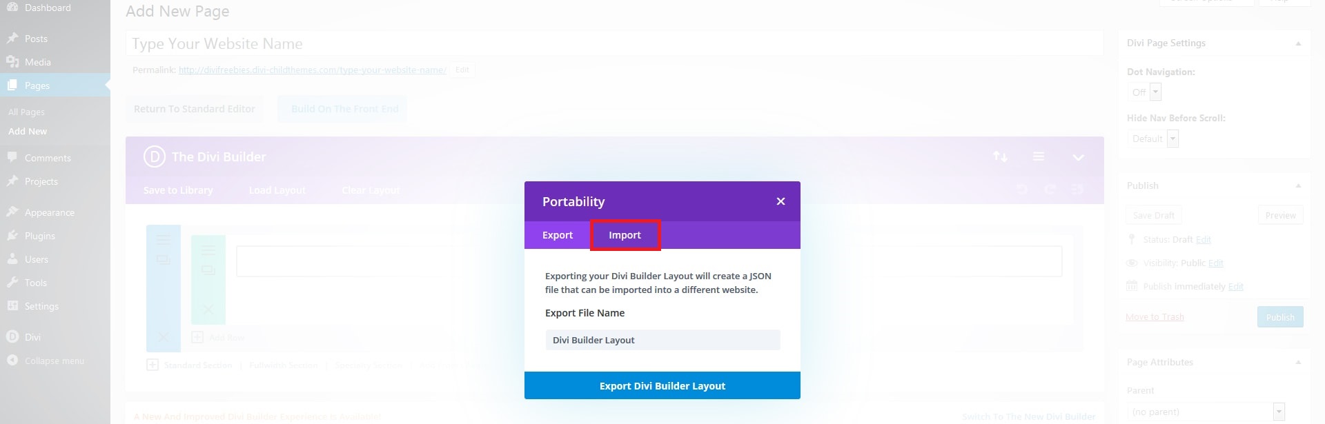 How to installing divi layout through divi page imports option
